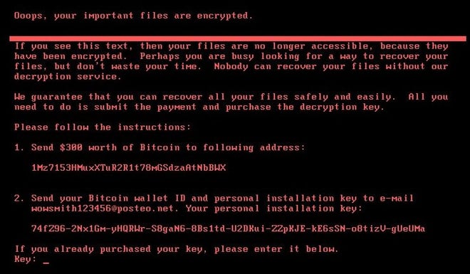 The ransom message displayed to victims of Petya ransomware